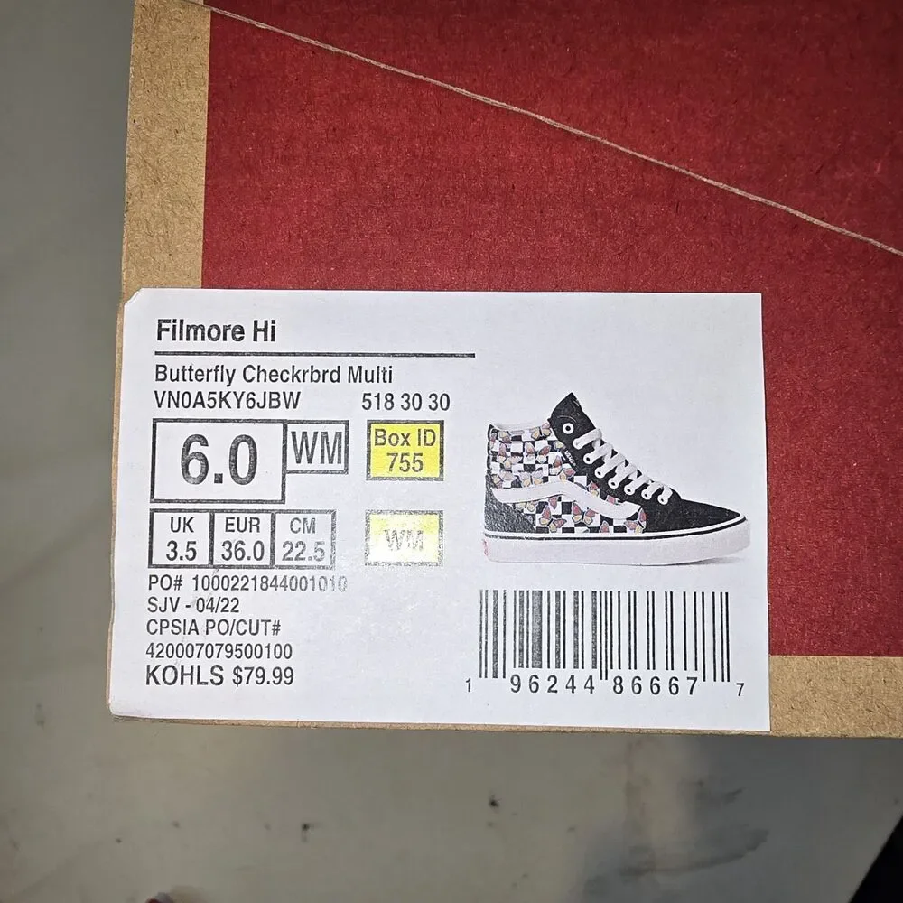 Vans Filmore Hi Women’s High Top Sneakers. Black/White with butterfly design 6